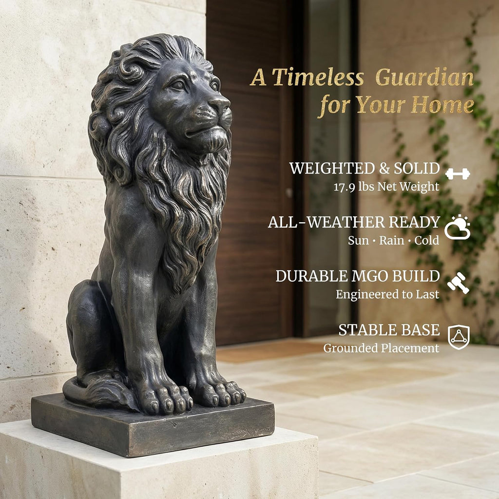 Sculptures Garden Statues, Outdoor Lion Statue 27in Tall, Magnesium Oxide Stone Composite Animal Sculpture Statue