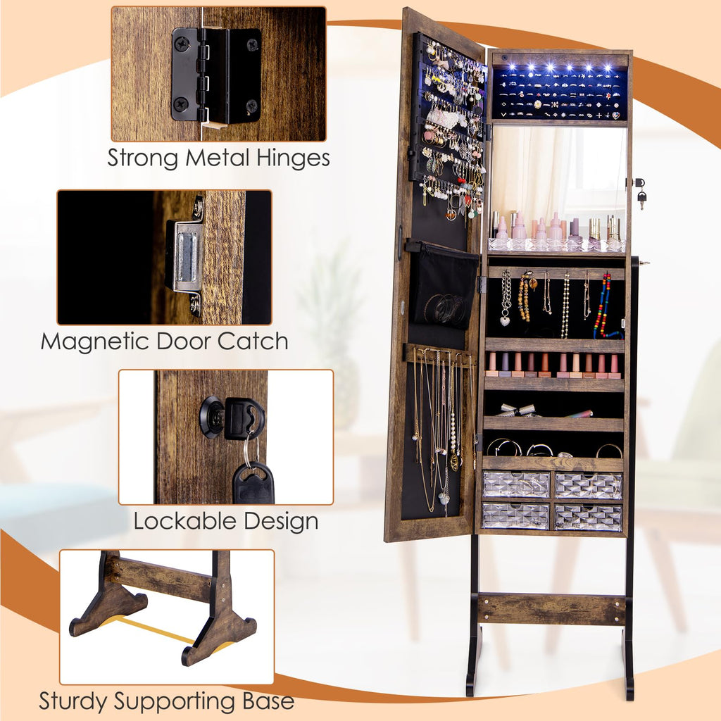Jewelry Cabinet Freestanding, Lockable Jewelry Armoire Organizer with Full-length Frameless Mirror, Drawers, Inner