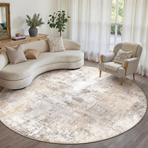 8x8 Washable Round Rug Beige Grey Abstract Non Slip Soft Low Pile Circle Rug for Living Room Bedroom