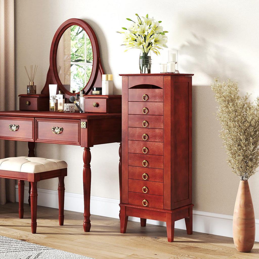 Standing Jewelry Cabinet with 9 Drawers, Flip Top Mirror, Cherry