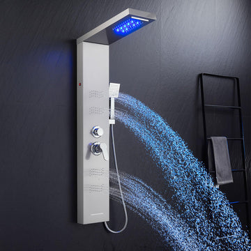 Shower Panel Tower System with LED Lights, Brushed Stainless Steel