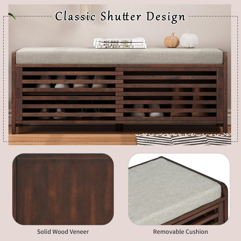 Shoe Bench with Storage and Cushion, Farmhouse Distressed Shutter Storage Bench with Retro Charm, Espresso