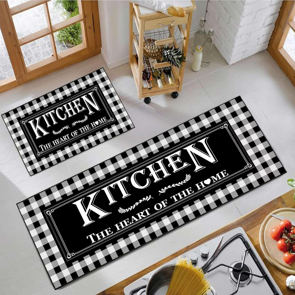 Black and White Buffalo Plaid Kitchen Rug Set of 2, Farmhouse Style Kitchen Floor Mats, Absorbent Checkered Kitchen