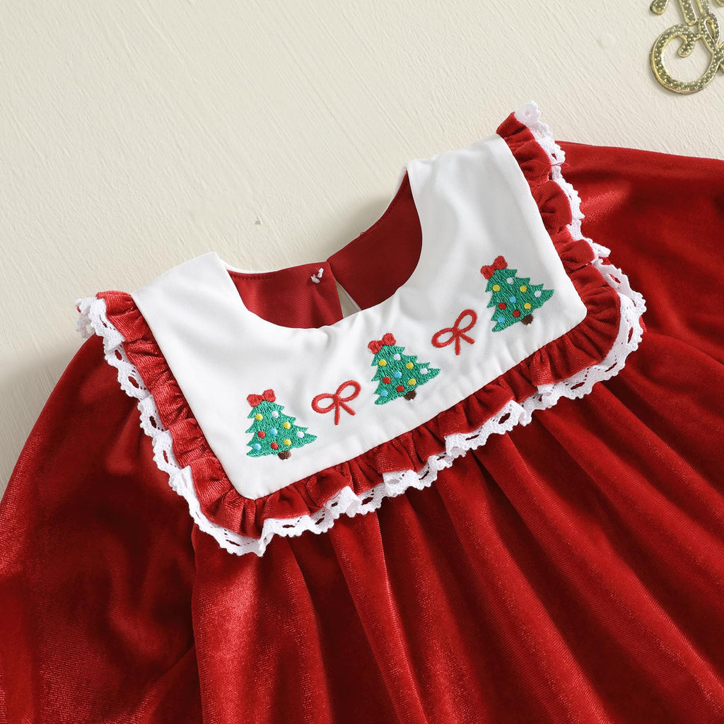 Toddler Baby Girl Christmas Outfit Fall Velvet Long Sleeve Dress (O Christmas Tree Bow Red, )