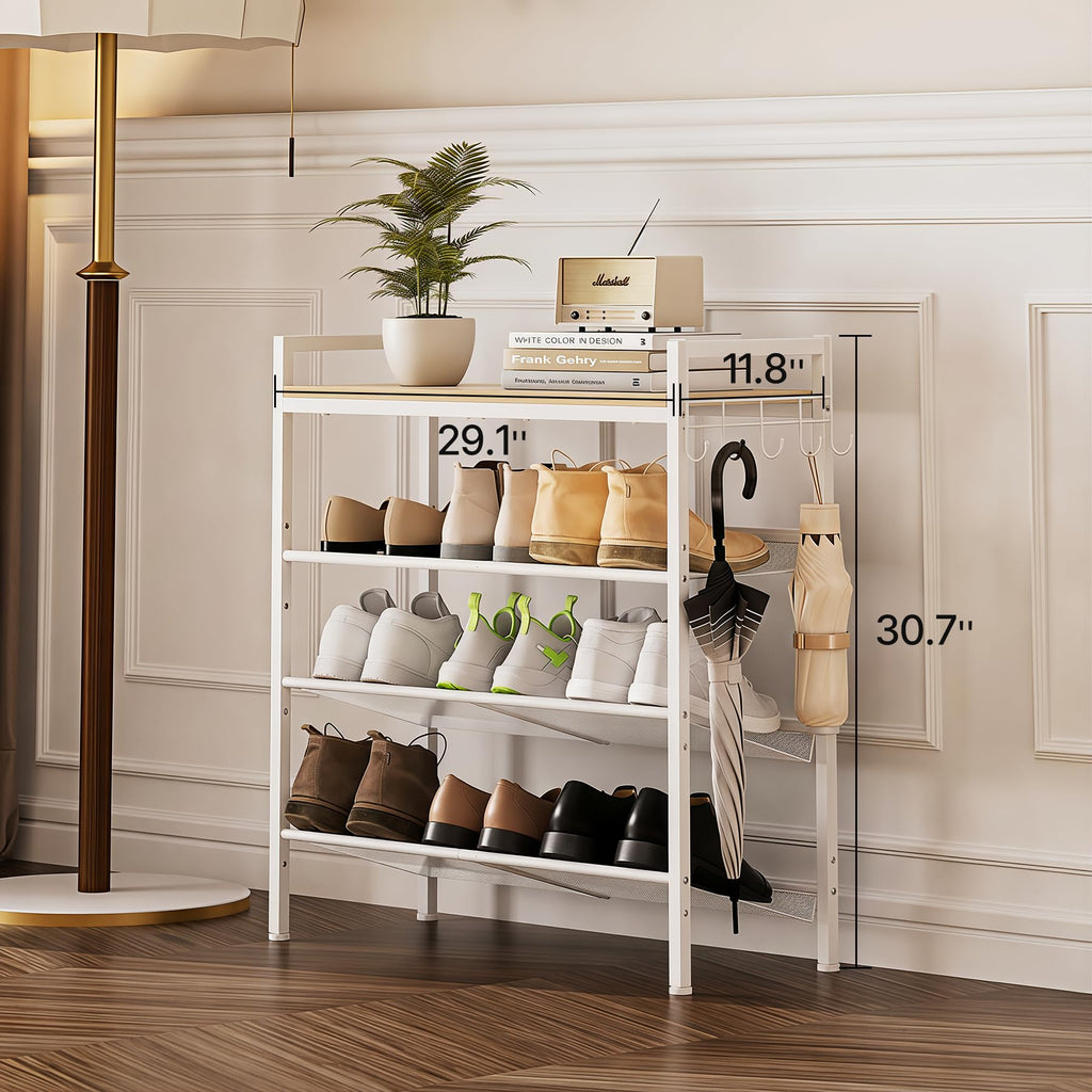 4 Tier Shoe Rack, Shoe Rack with Hook, Shoe Organizer with Adjustable Mesh Shelves, Metal Shoe Storage, Closet