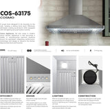 Stainless Steel Wall Mount Range Hood 380 CFM Push Button Control, LED Lights Ducted