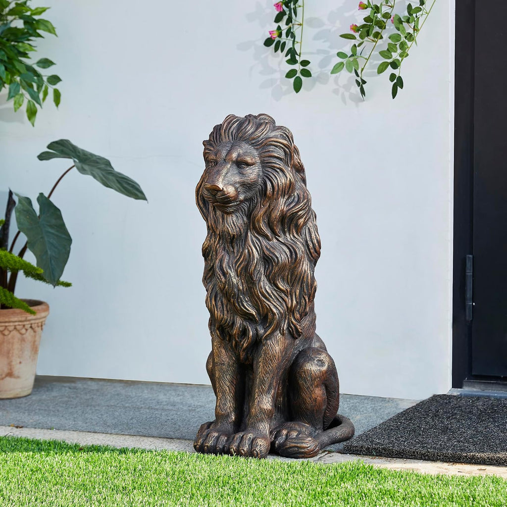 Guardian Sitting Lion Statue Regal Indoor and Outdoor Garden Sculpture Entrance Porch and Yard, 27.75" H, Bronze