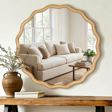 Round Wavy Wall Mirror, 30" Circle Boho Scalloped Mirror