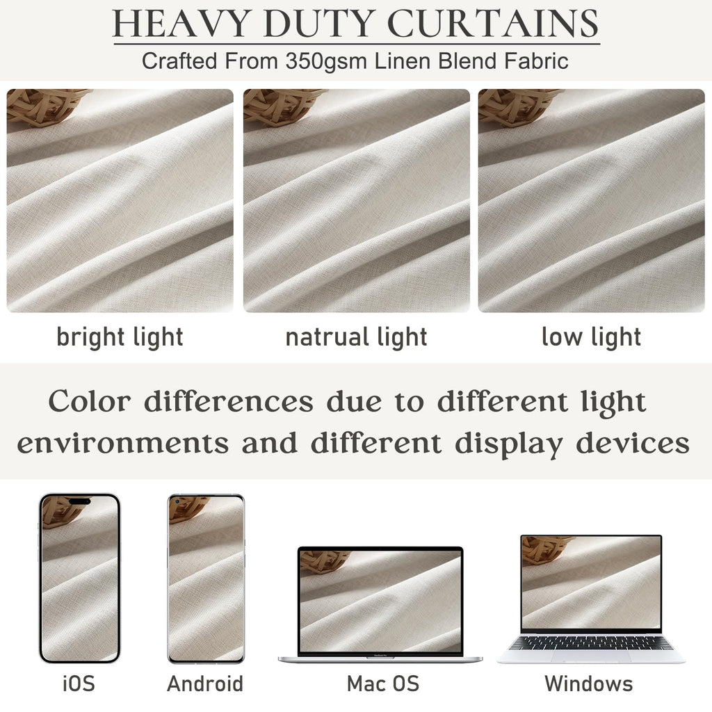 Butter Cream Extra Wide 70 Floor to Ceiling Blackout Curtains, Linen Blend Pleated Farmhouse Drapes Rod Pocket