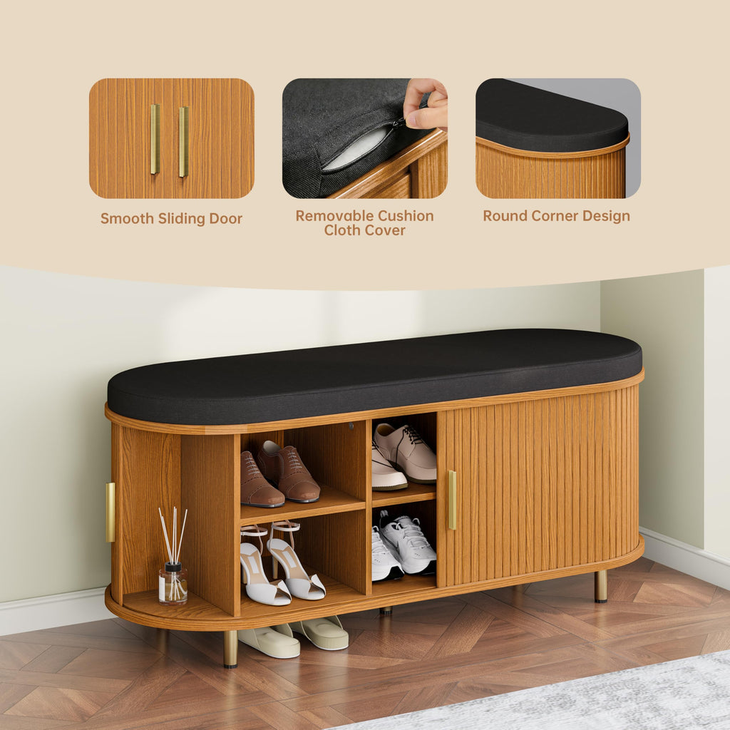 2-Tier Storage Bench, Wide Shoe Bench with Thickened Padded Seat Cushion, Mid Century Modern Fluted Sliding Door and