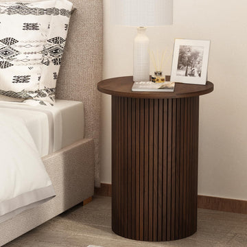 Round Fluted End Table, Small Accent Pedestal Side, Brown