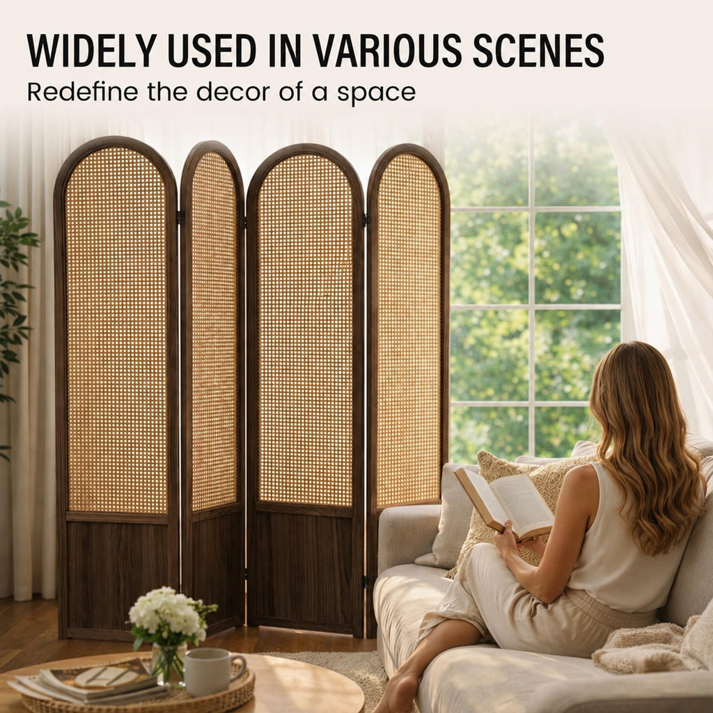 4 Panel Rattan Room Divider Screen, Boho Folding Privacy Screen