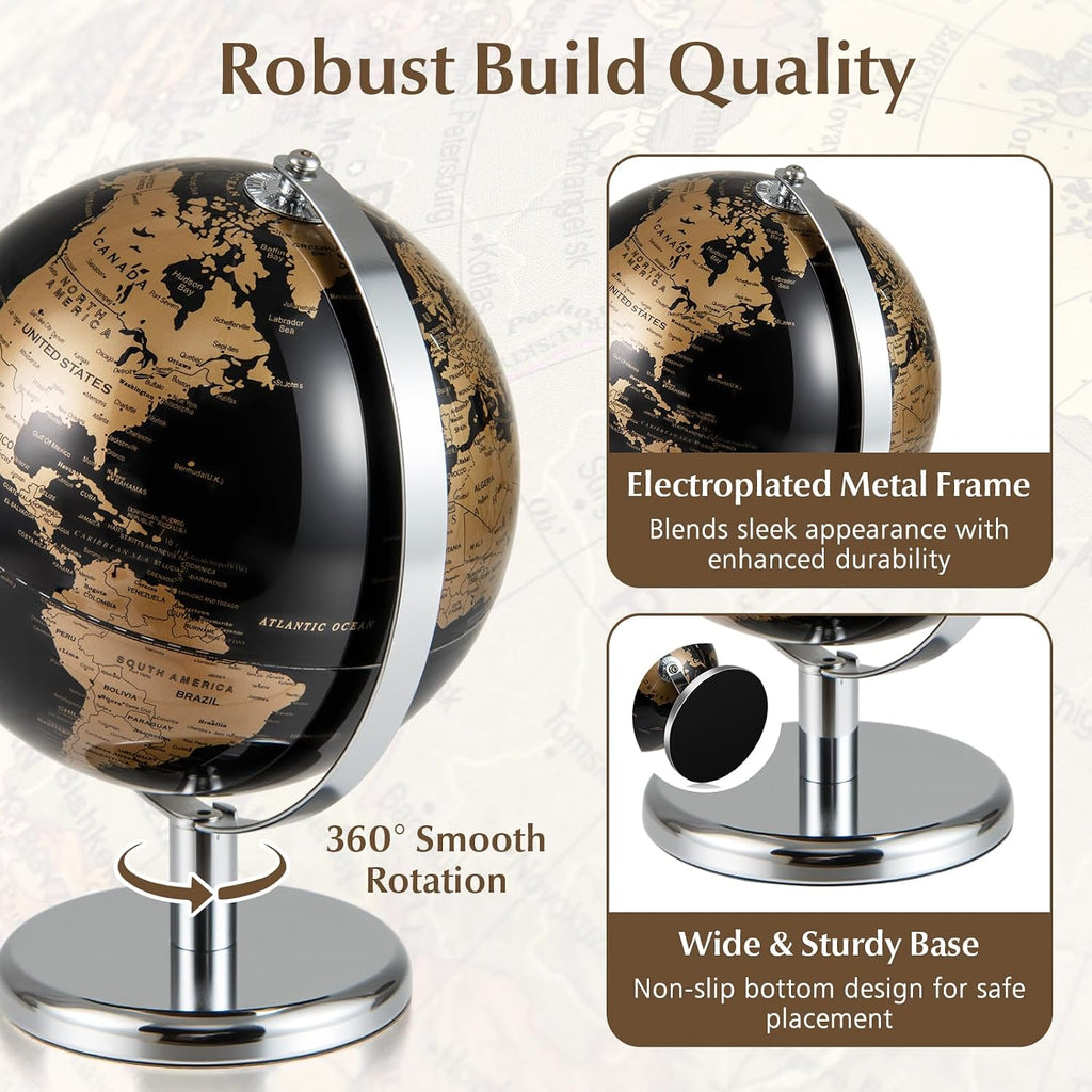 8" World Globe, Black Earth Globe with Gold Accents, Metal Stand, Non-slip Base & Time Zone, Decorative Tabletop Desk