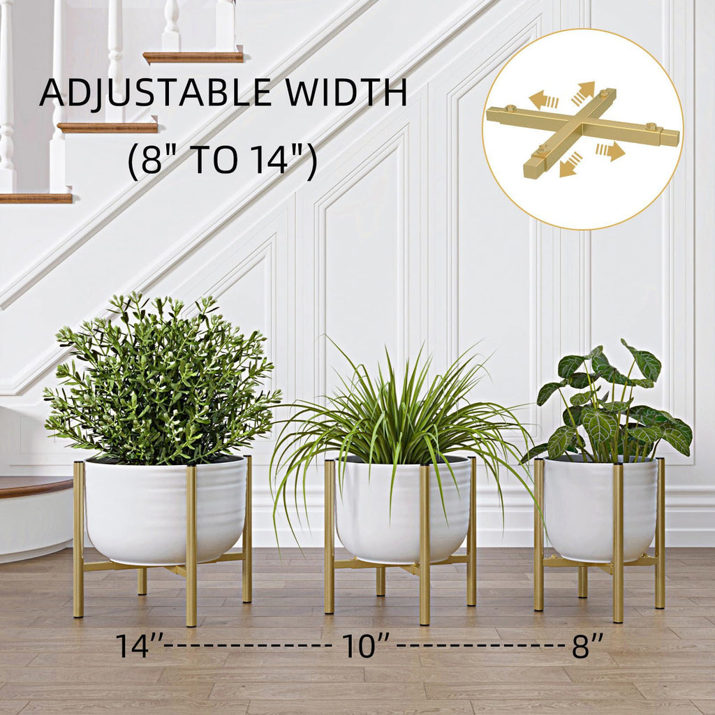 Adjustable Metal Plant Stand Indoor, Fits 8-14 Inch Pots, Mid Century Modern Gold Planter Holder, 2 Heights, Heavy