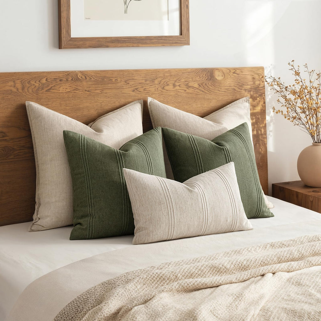 Lumbar Striped Throw Pillow Covers 12x20 Beige 2 Pack