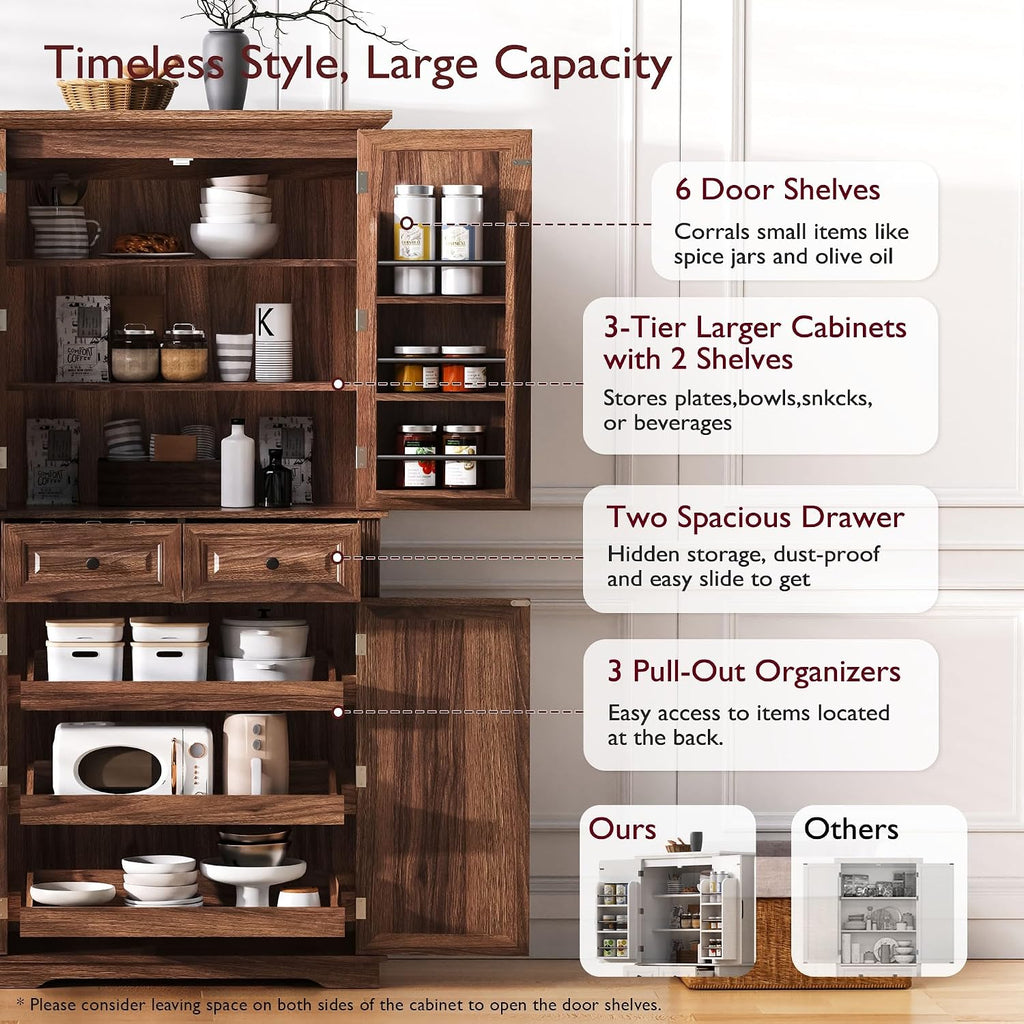 71" Farmhouse Pantry Cabinet with Pull Out Shelves & Drawers | Embossed texture, 3 pull out organizers, 6 door
