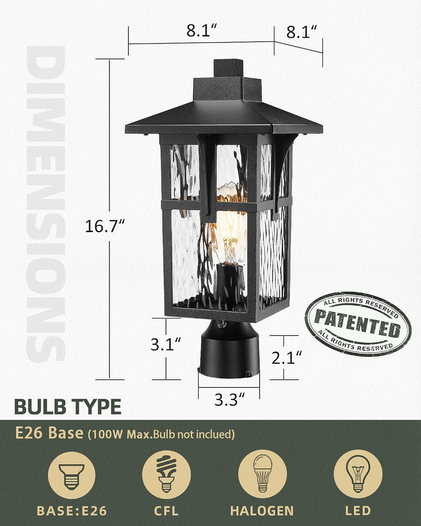 Dusk to Dawn Post Lamp, HWH Exterior Pillar Post Light for Yard Garden, Pole Light Fixture with Water Ripple Glass
