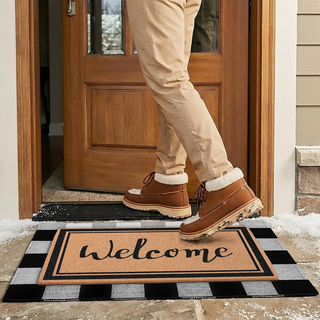 2-Piece Layered Welcome Mat Set - Coir Doormat & Buffalo Plaid Rug | Brown Coir Doormat & Black White Buffalo Plaid