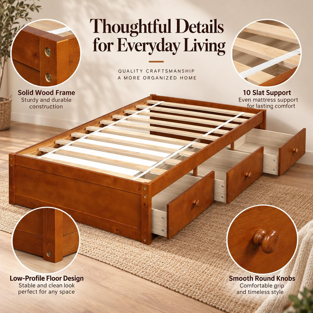 Twin Size Japanese Wood Bed Frame with 3 Storage Drawers (Oak)