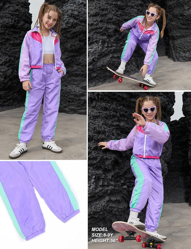 Girls' Clothing Sets 2 Piece 80s 90s Outfits Neon Jacket Pants Hip Hop Dance Outfits for Girls Tracksuit Set
