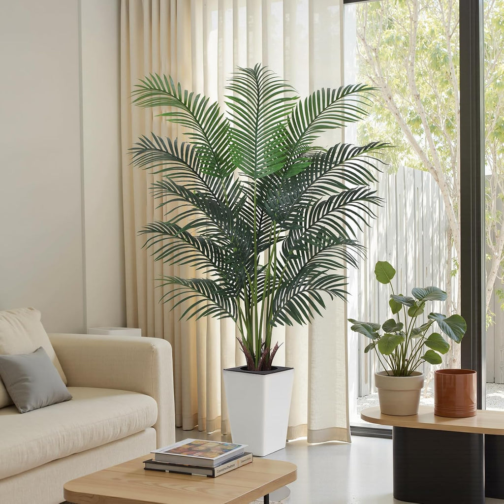 Artificial Palm Tree with White Tall Planter, 6ft Tall Potted Artificial Silk Palm Tree Plant, Fake Tropical Plant