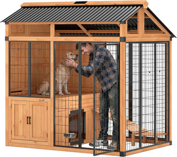 7' x 5' Extra Large Outdoor Dog Kennel Walk-in Wood Dog House Yellow