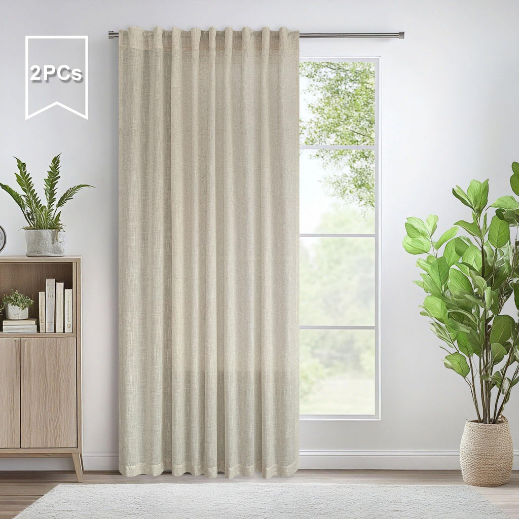 Flax Linen Curtains 80 Inches Long Semi Sheer Linen Large Drape Extra Wide Beige Light Filtering Curtains for Sliding