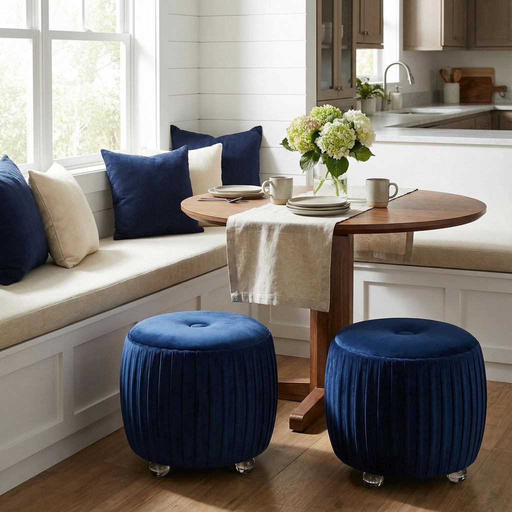 Doles Round Ottoman with Clear Acrylic Legs 16, High, Navy Blue Velvet