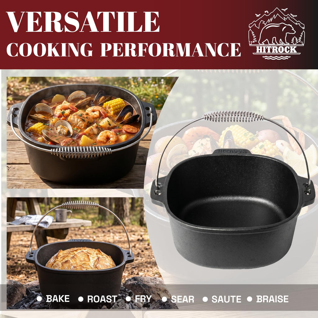Cast Iron Camp Dutch Oven 9QT, Pre-Seasoned Camping Dutch Oven with Lid, Flat Bottom Outdoor Pot with Lid Lifter, Pot