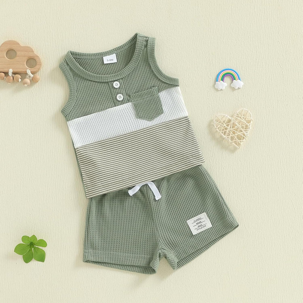 Baby Boy Summer Clothes Contrast Color Sleeveless Tops Elastic Waist Shorts Toddler Outfits Cute Set