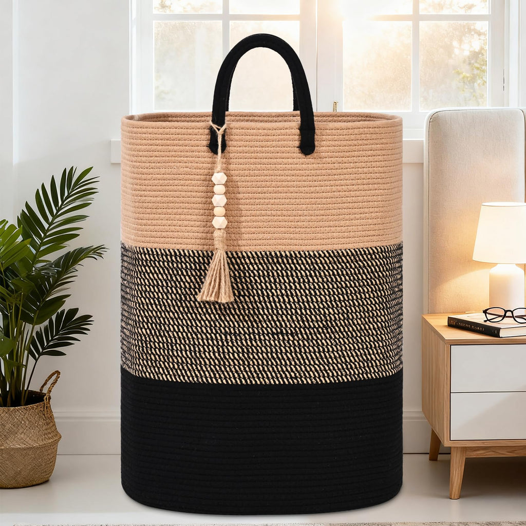 Woven Laundry Basket for Clothes, 80 L Large Rectangle Laundry Hampers with Beads Tassel, Nursery Storage Basket for