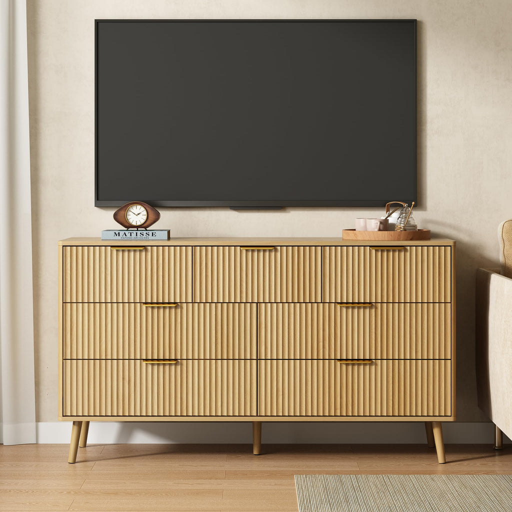Fluted 7 Drawer Dresser, 55" Wide Wooden Chest of Drawers with Rounded Corners, Gold Handles, Modern Storage