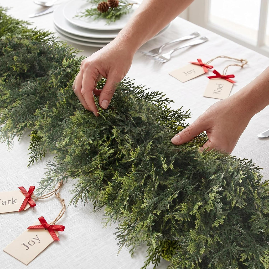 9FT Artificial Cedar Garlands, Real Touch Soft Cedar Pine Garland, Winter Artificial Greenery Garland for Fireplace