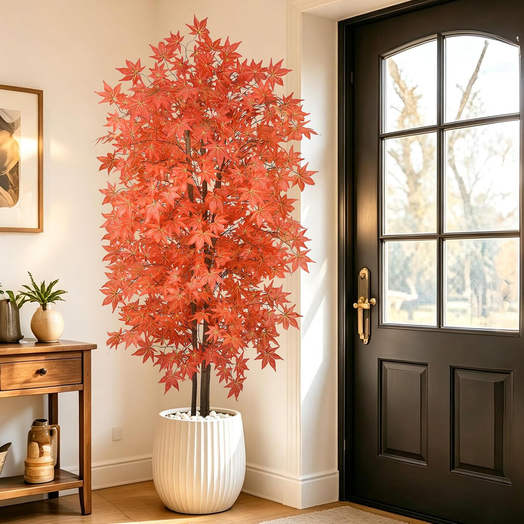 7FT Artificial Maple Trees, Tall Faux Autumn Tree Indoor with Lifelike Red Orange Leaves Realistic Fall Tree with Pot
