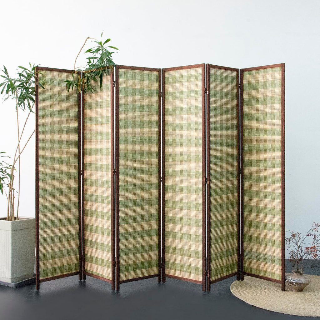 6 Panel Bamboo Room Divider, Green Stripe Folding Privacy Screen