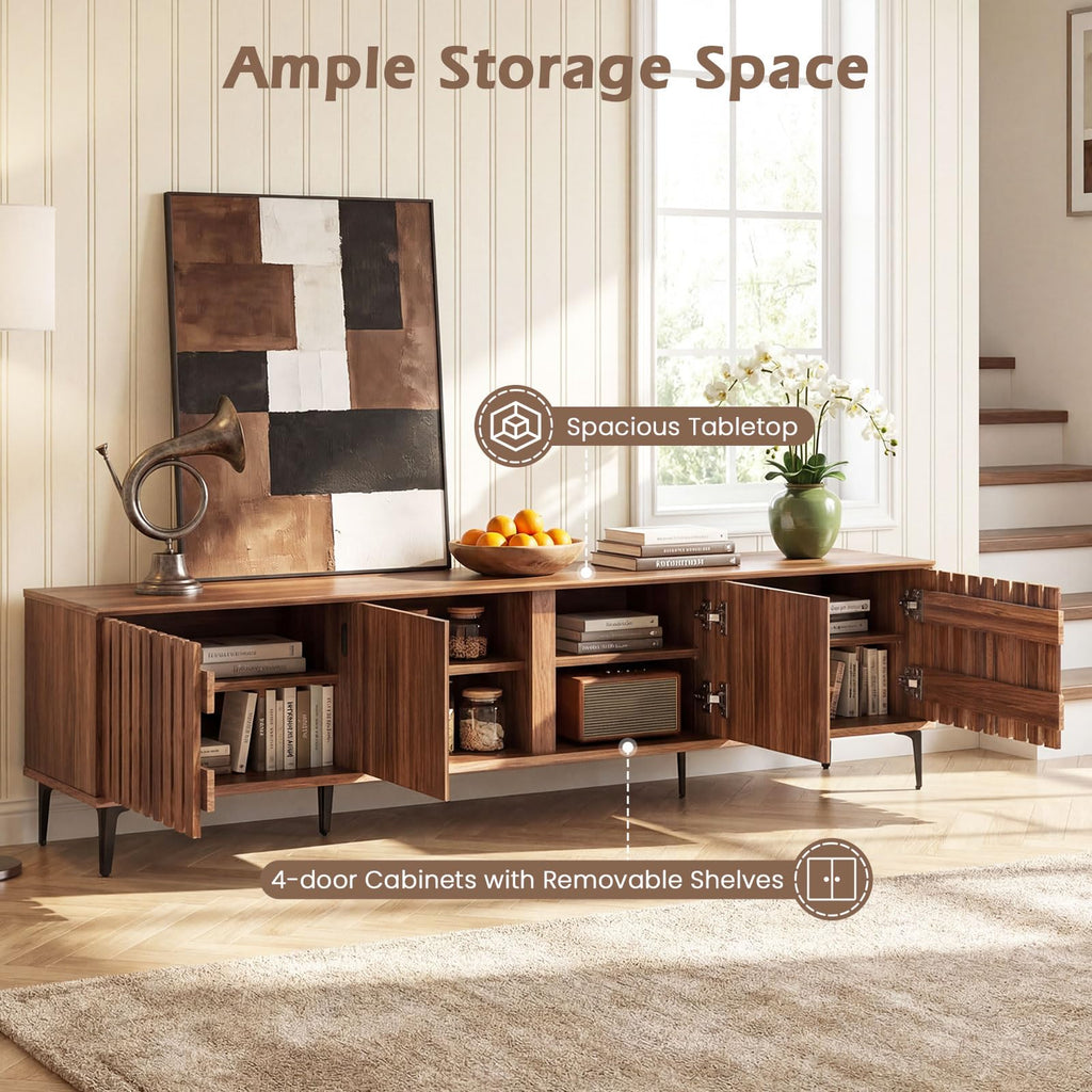 4-Door Slatted TV Stand for 80 Inches TVs, Mid Century Modern Entertainment Center with 4 Storage Cabinets, Wooden TV