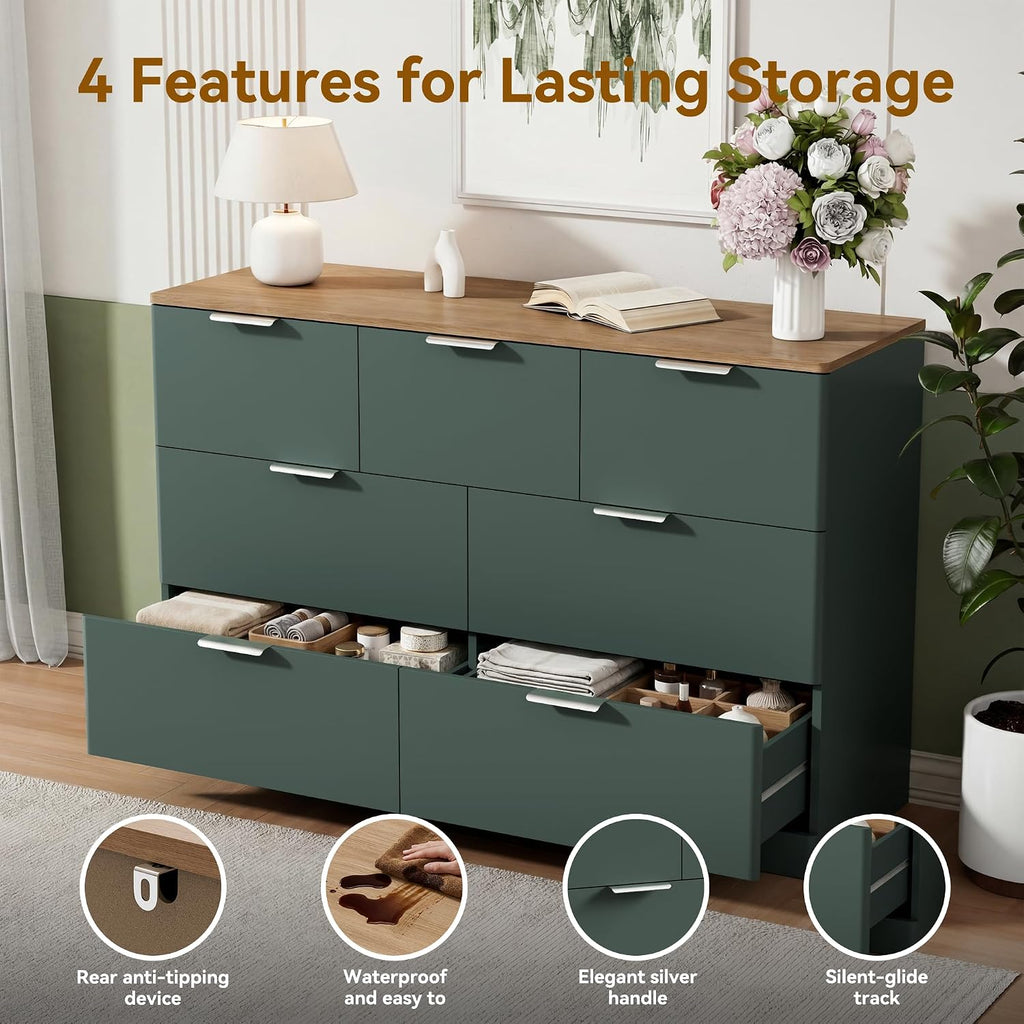 7 Drawer Dresser , 47.2" Wide Modern Chest of Drawers with 7 Large Storage Space with Curved Edge Design, Large