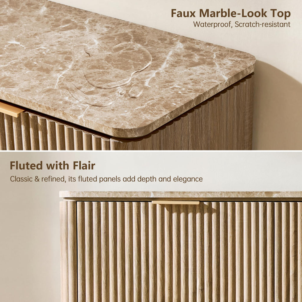 54"W Fluted 6 Drawer Bedroom Dresser, with Faux Marble Top, Natural Oak