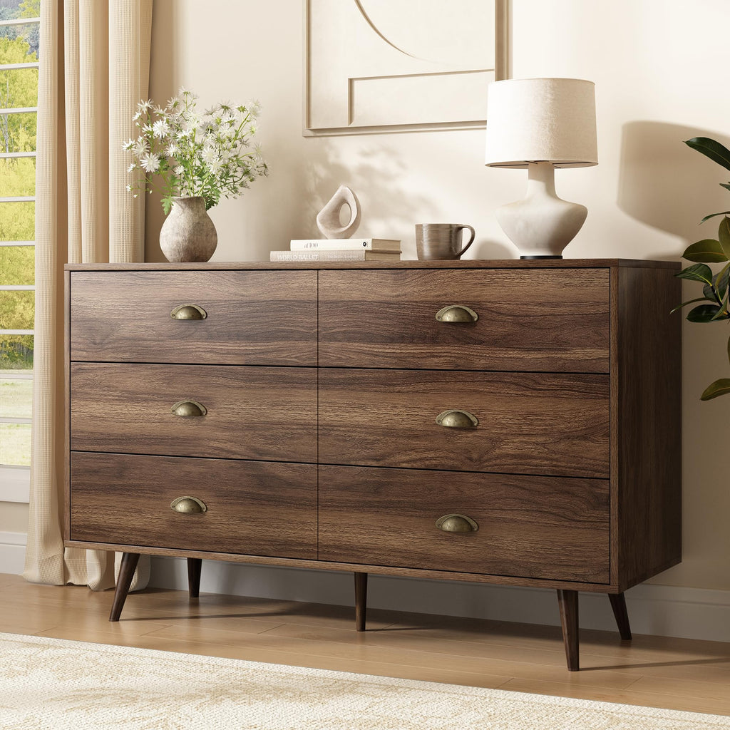 47" Vintage Dresser with 6 Drawers and Metal Handles, Walnut