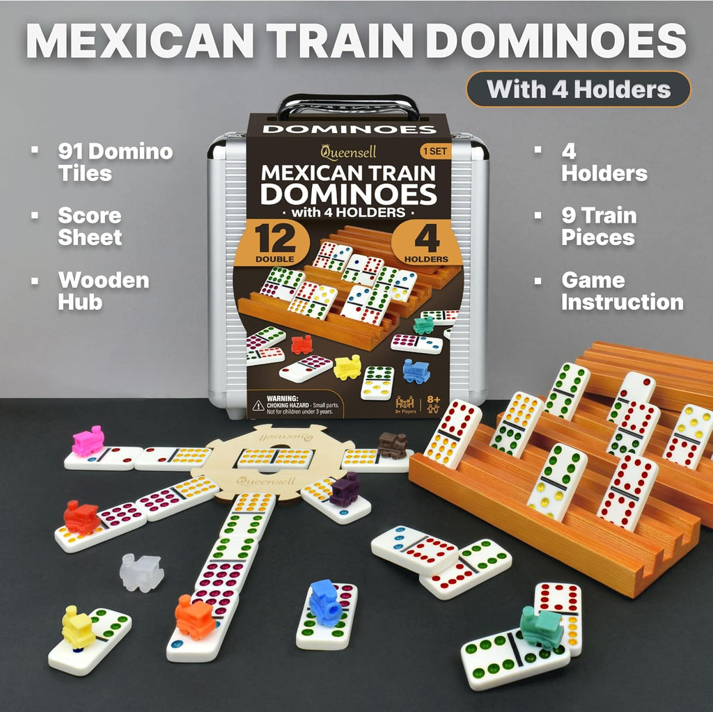 Mexican Train Dominoes Set with 4 Holders - Dominoes Double 12 with Wooden Hub and Tiles Holders - Double 12 Dominos