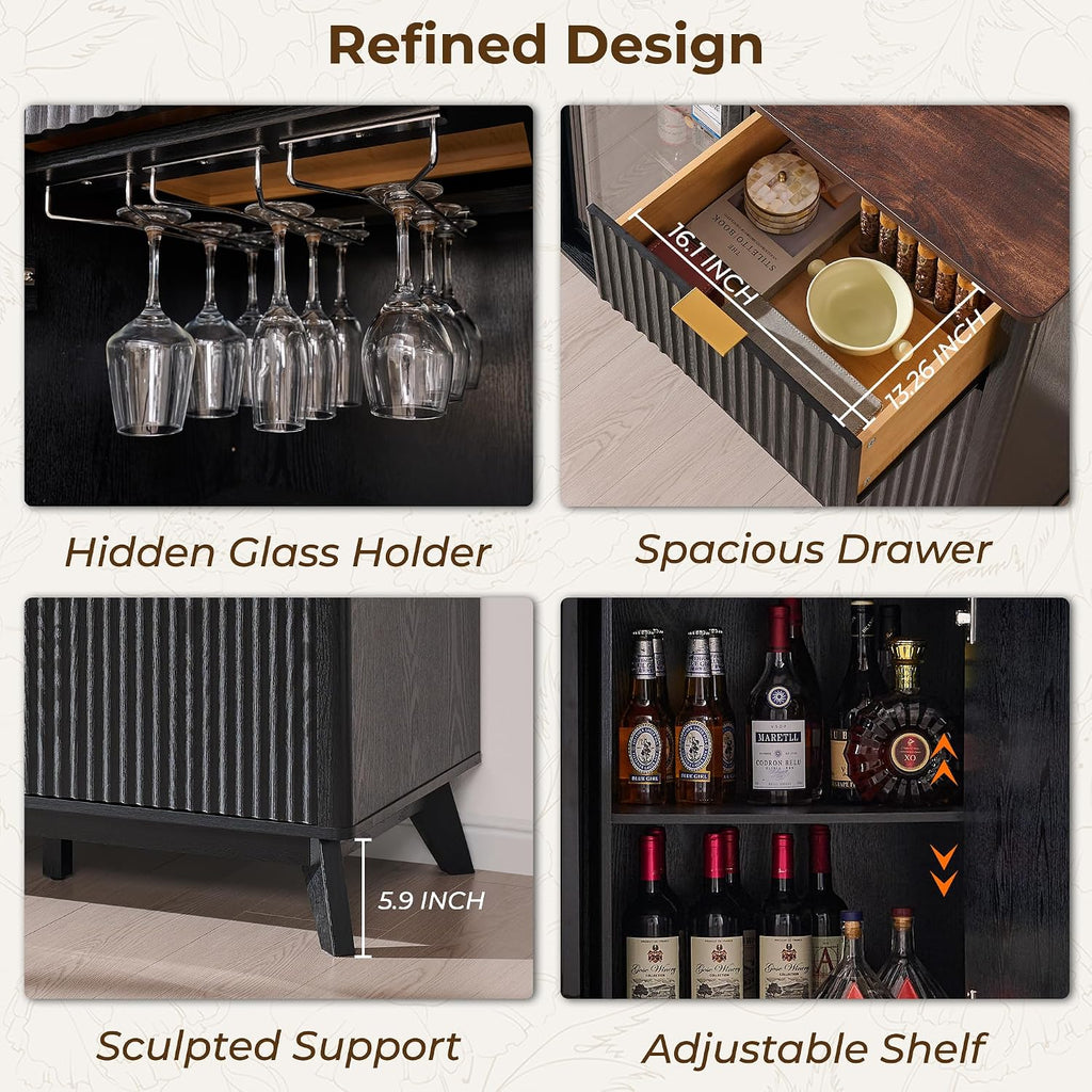 60" Fluted Coffee Bar Cabinet with Mini Fridge Space, Black and Walnut | Mini Fridge Compatible, Built In Charging