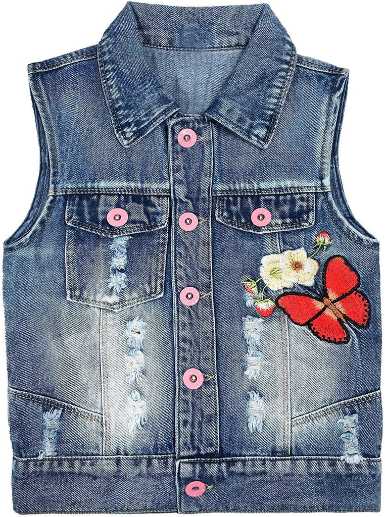 Little Big Girl Outfit Distressed Sleeveless Jacket Embroidered Sequins Butterfly Denim Vest