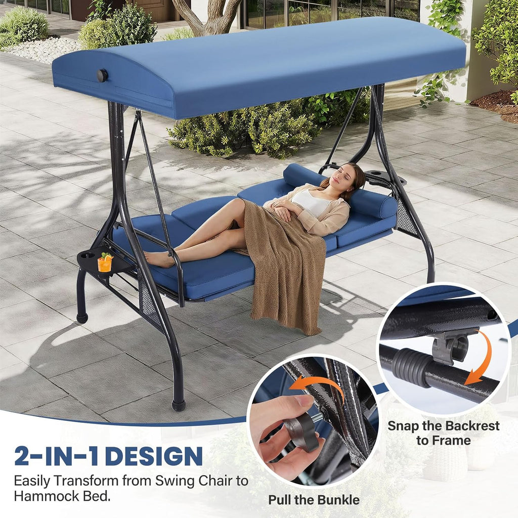3 Seat Outdoor Porch Swing with Adjustable Canopy,2 in 1 Patio Swing Bed with Stand 800lbs for Adults,Outdoor Swing