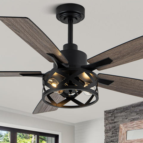 52" Farmhouse Ceiling Fan with Lights and Remote,Ceiling Fan with Caged Rustic Light Fixture,Reversible DC Motor