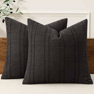 Linen Plaid Pillow Covers Decorative Euro 24x24 Black