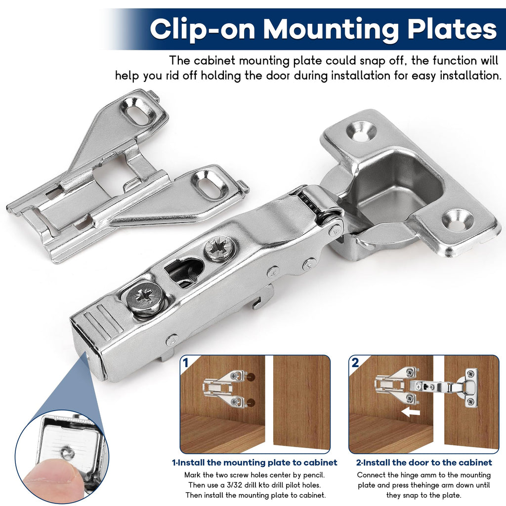 20 Pack 1/2'' Overlay Face Frame Soft Close Hidden Cabinet Hinges, 105 Degree 3D Adjustable Clip On Plate Concealed