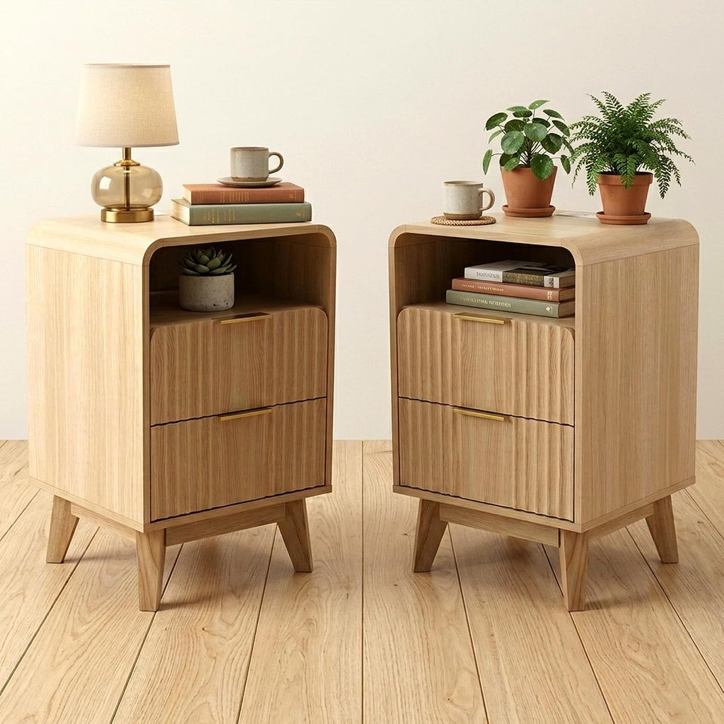 Nightstand, Modern Fluted Nightstand, Side Table with Charging Station, 2 Drawers, Open Shelf, Wood