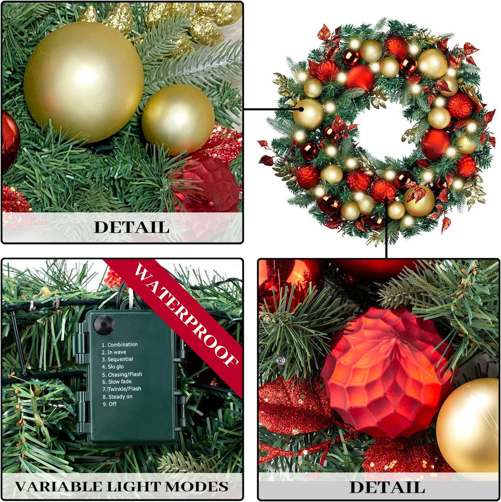 Pre-Lit with Lights 50 LED Red Gold Baubles