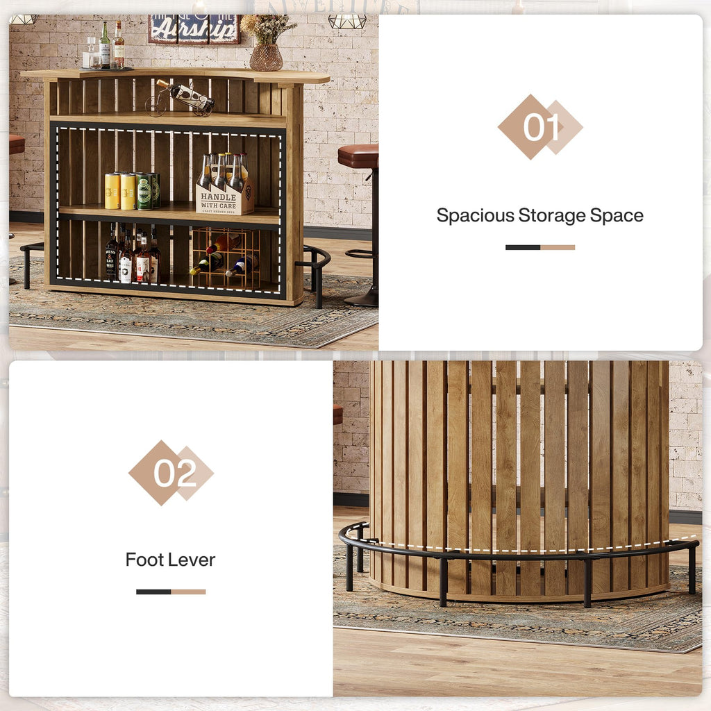 4-Tier Bar Table, 47.24" Mini Home Bar Table with Footrest, Arc-Shaped Modern Bar Cabinet, Light Brown