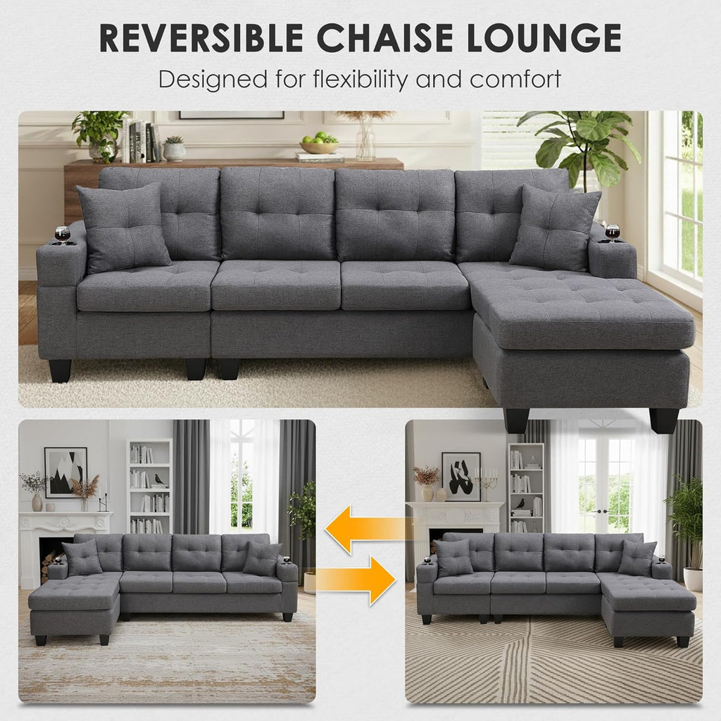 Wakefit Sectional Sofa Couch, Modern 4-Seaters Living Room Furniture Sets with Reversible Chaise Lounge & 2 Pillows |